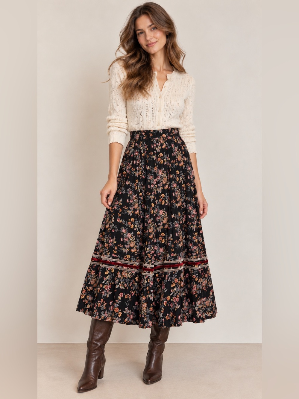 Vintage Black dark Floral Maxi Skirt Cottagecore Boho Prairie west Germany sz 8